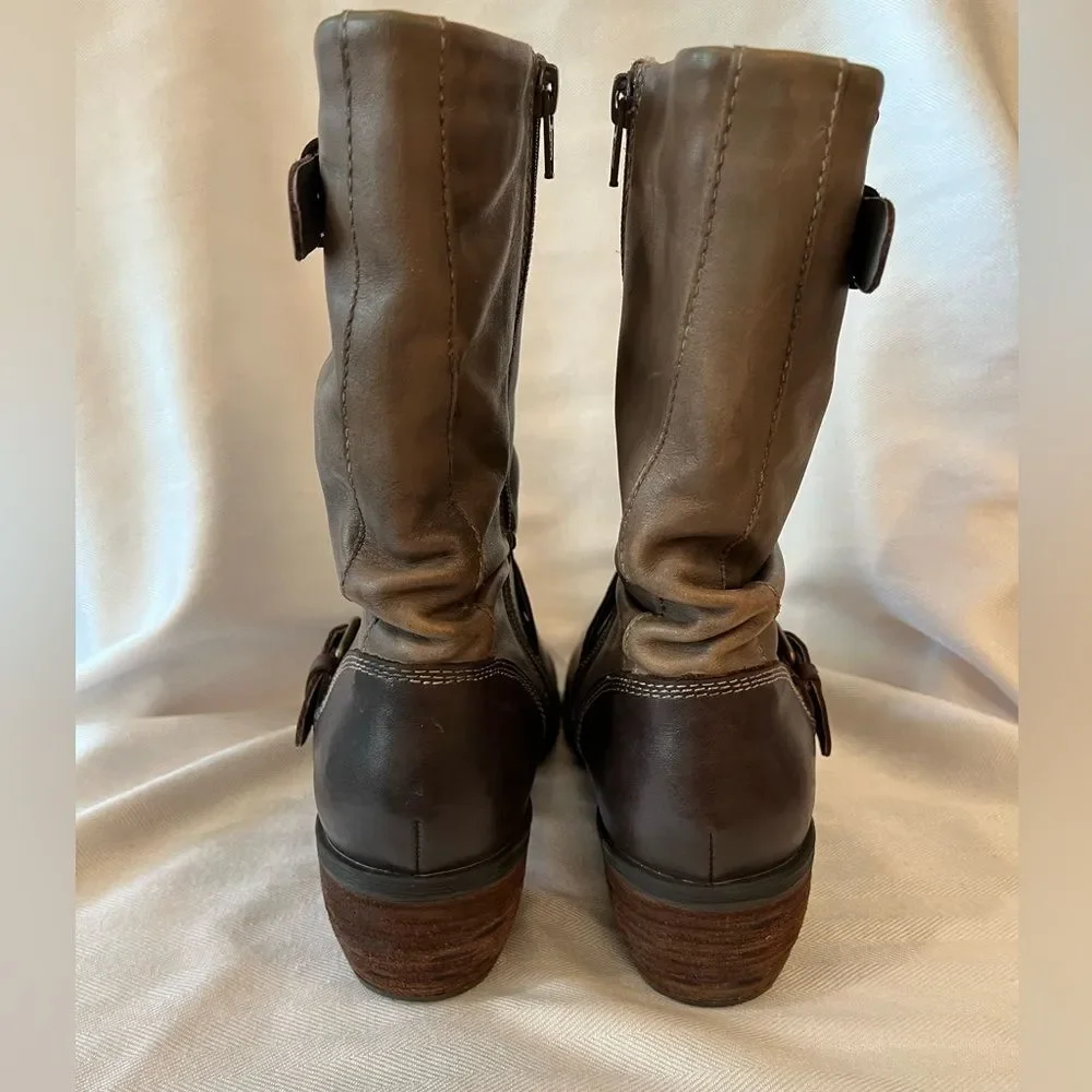 Leather Slouch Ankle Boots Gray Brown Moto Buckle Lug Block‎ Heel SZ 10.5